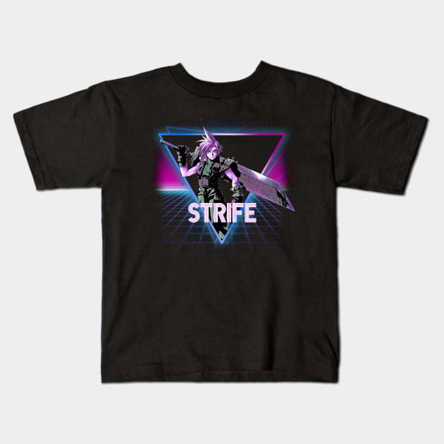 Final Fantasy VII Cloud Strife Retro 80s Neon Landscape Kids T-Shirt by Bevatron